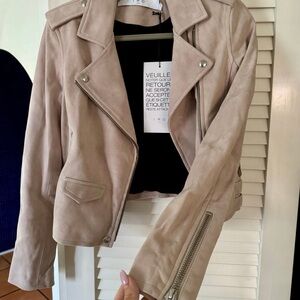 IRO Tan Leather Moto Jacket with Asymmetrical Zipper